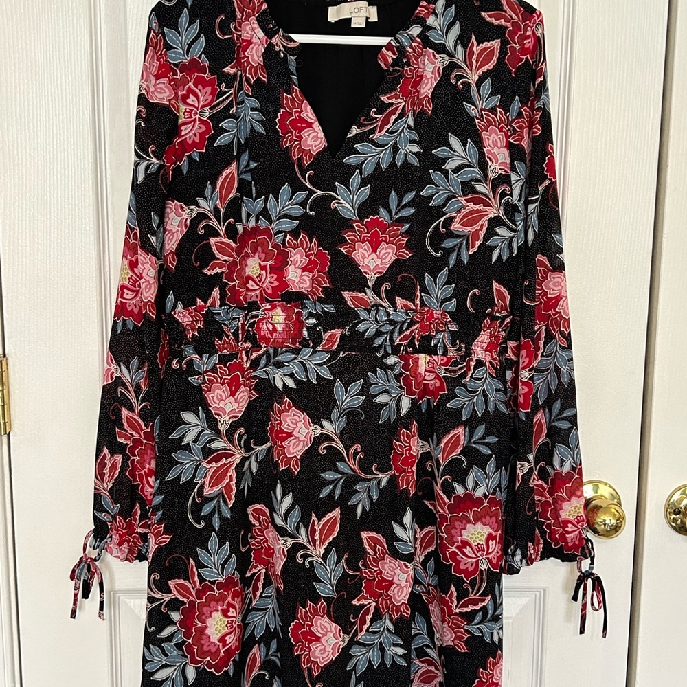 LOFT Black and Red Floral Long Sleeve Dress